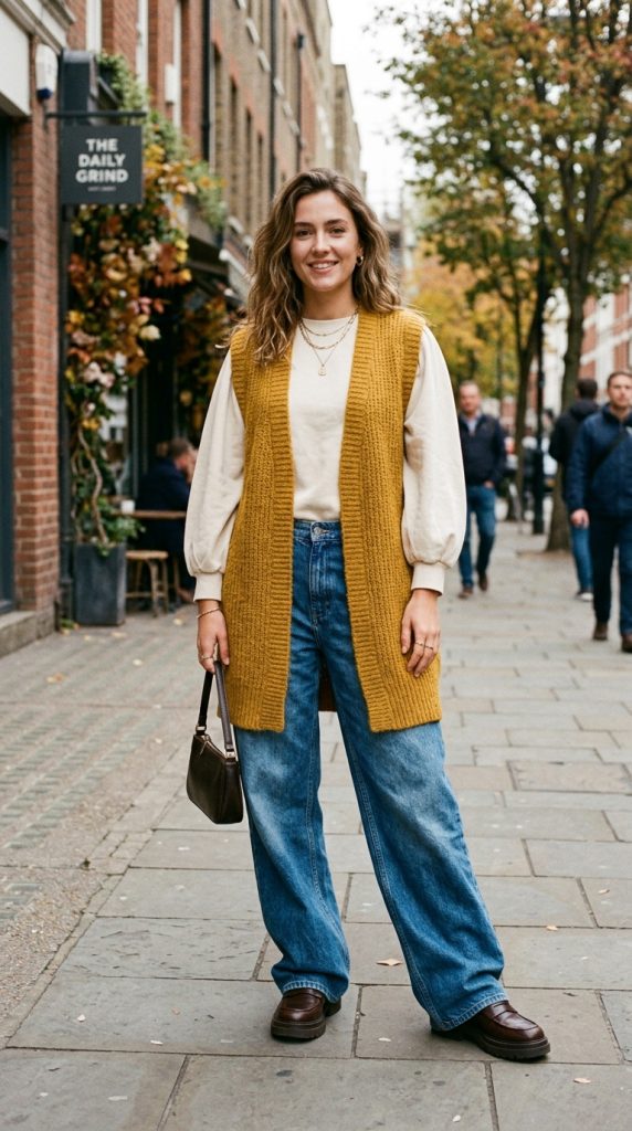 Long waistcoat with baggy jeans and loafers