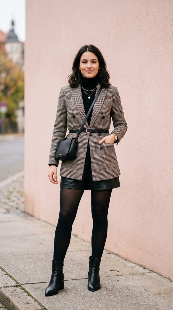 Leather shorts with tights and an oversized blazer
