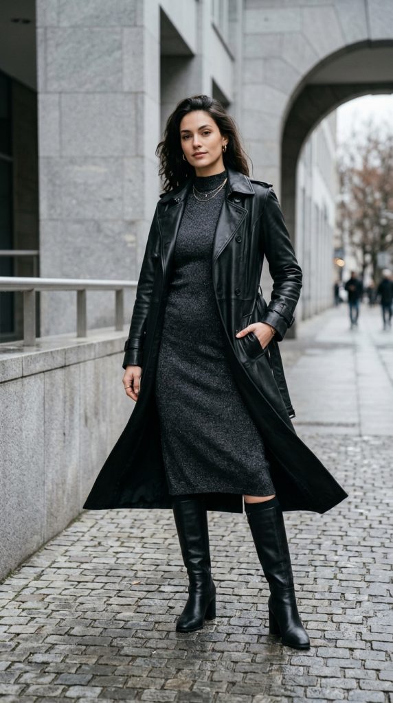 Leather trench coat over a knit dress