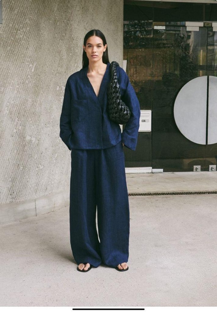 Navy linen co-ord set with a relaxed jacket and wide-leg trousers