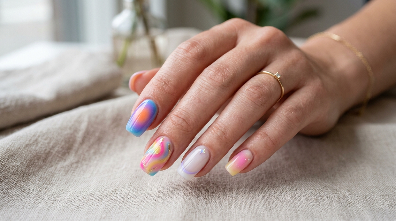 Trendy fingernail designs including aura nails,