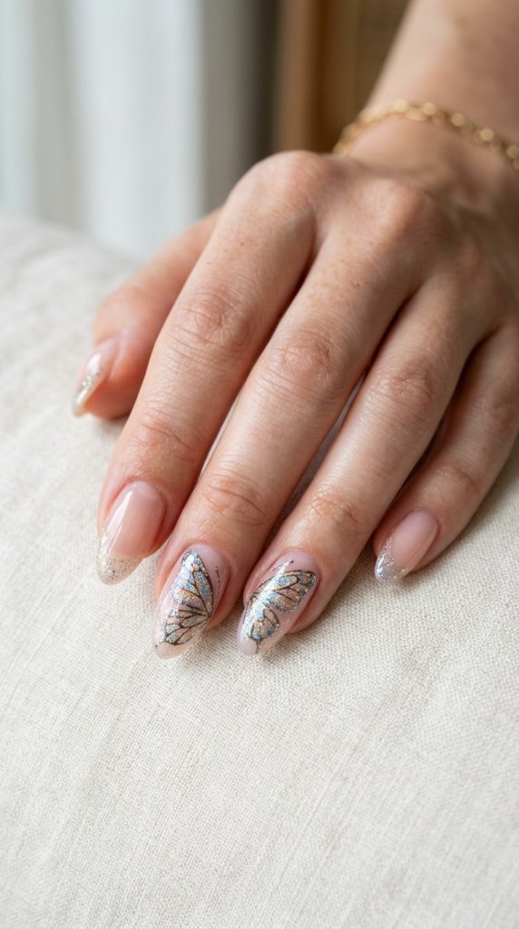 Nails with delicate butterfly wing designs