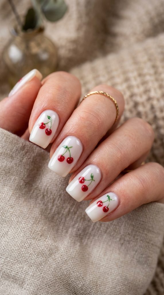  Nails with tiny red cherries on a milky base