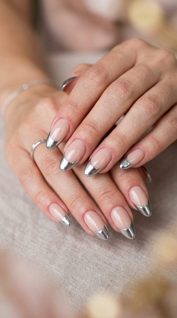 Chrome French tip nails with silver metallic tips