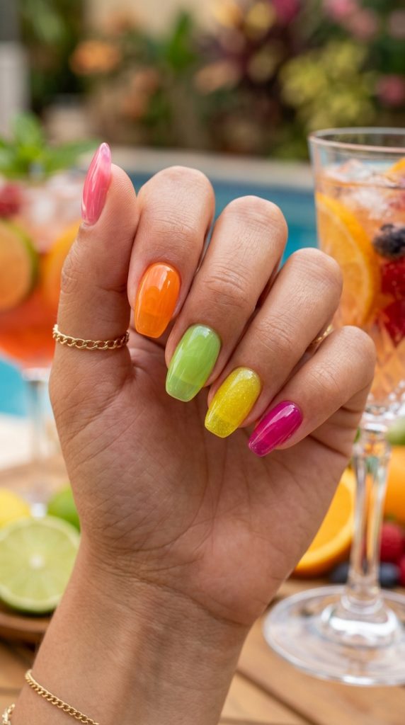 Translucent glossy jelly nails in candy colors