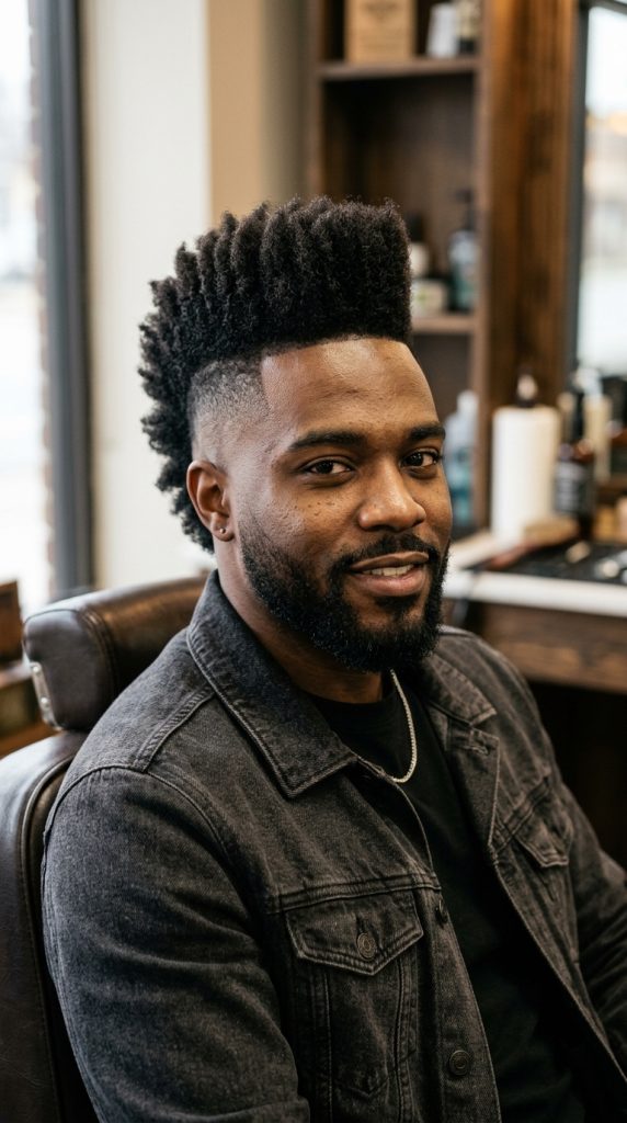 Mohawk high taper fade with a central strip of length