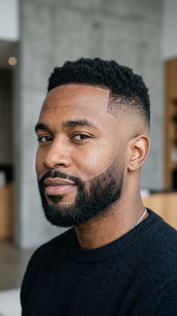 High taper fade connecting into a tapered beard