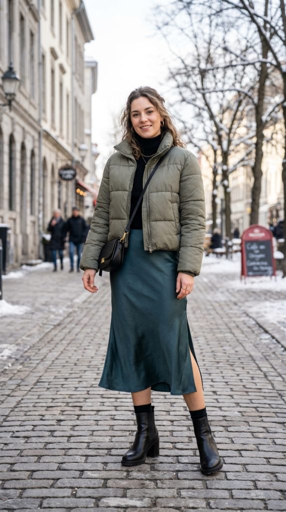 Cropped puffer with a satin slip skirt