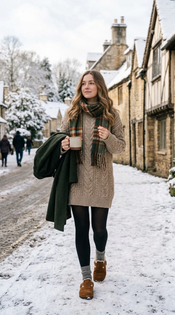 Sweater dress with tights and shearling clogs
