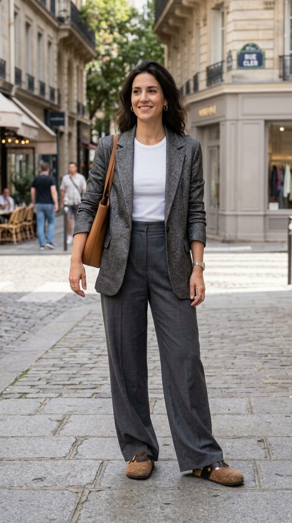 Blazer and tailored trousers worn with clogs