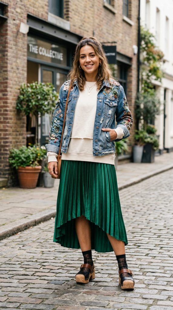 Satin midi skirt with a sweatshirt and clogs
