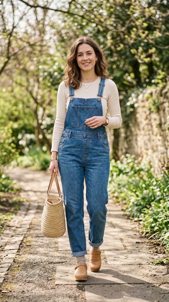 Denim dungarees with a long-sleeve tee and clogs