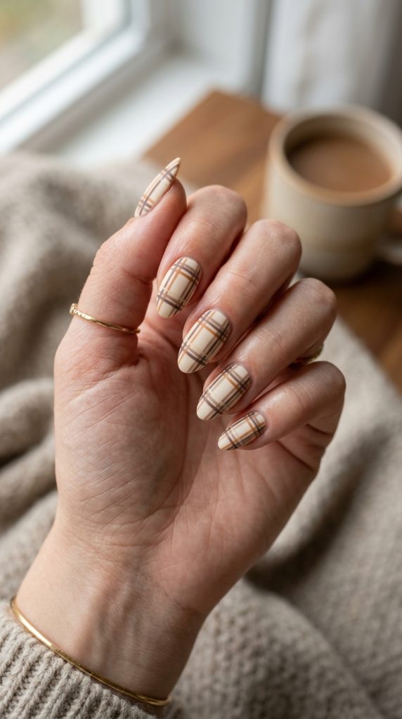 Cream and caramel flannel plaid nails