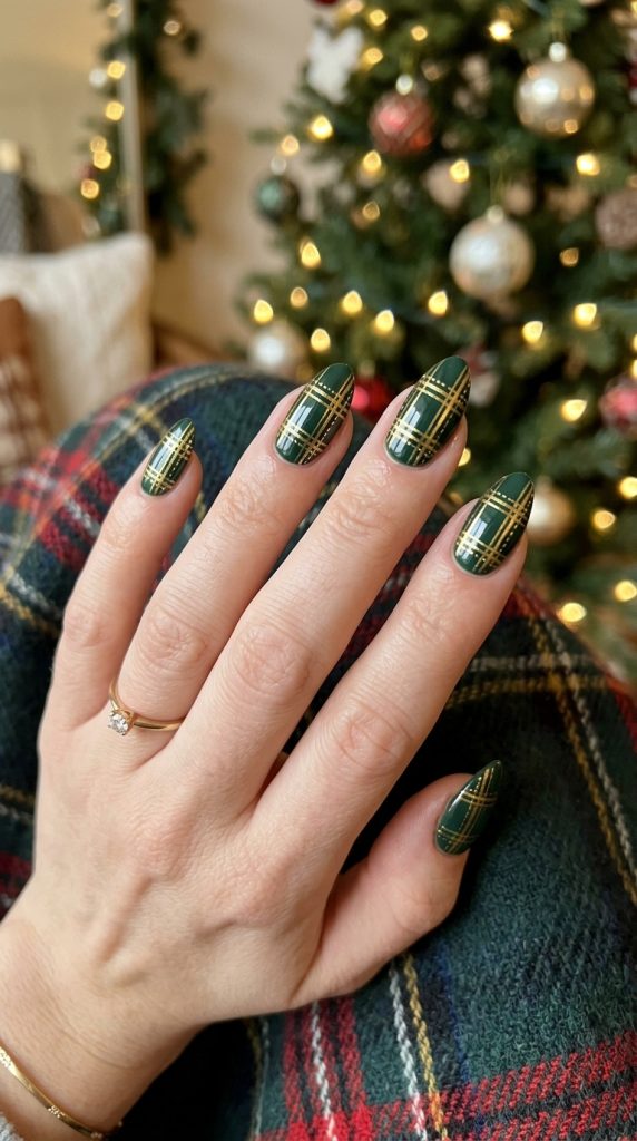 Hunter green plaid nails with gold lines