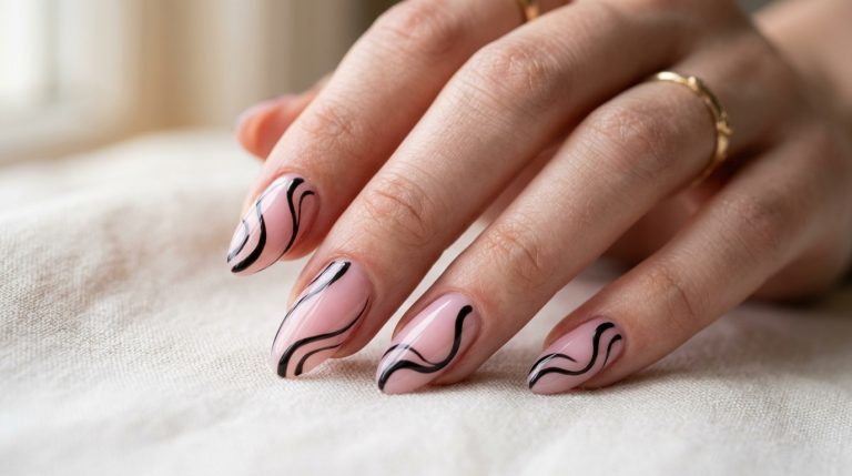 Milky black swirl nails on almond-shaped nails