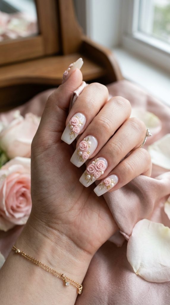 Blush 3D rose nails with pearl accents