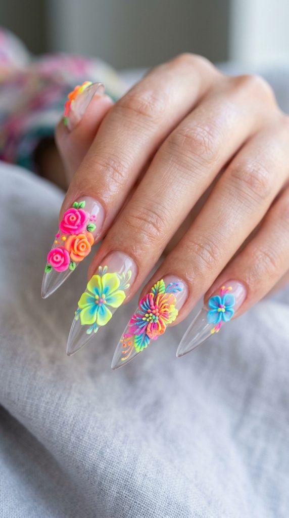 Neon 3D flowers on clear nails