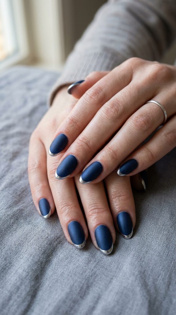 Navy gel nails with silver chrome tips