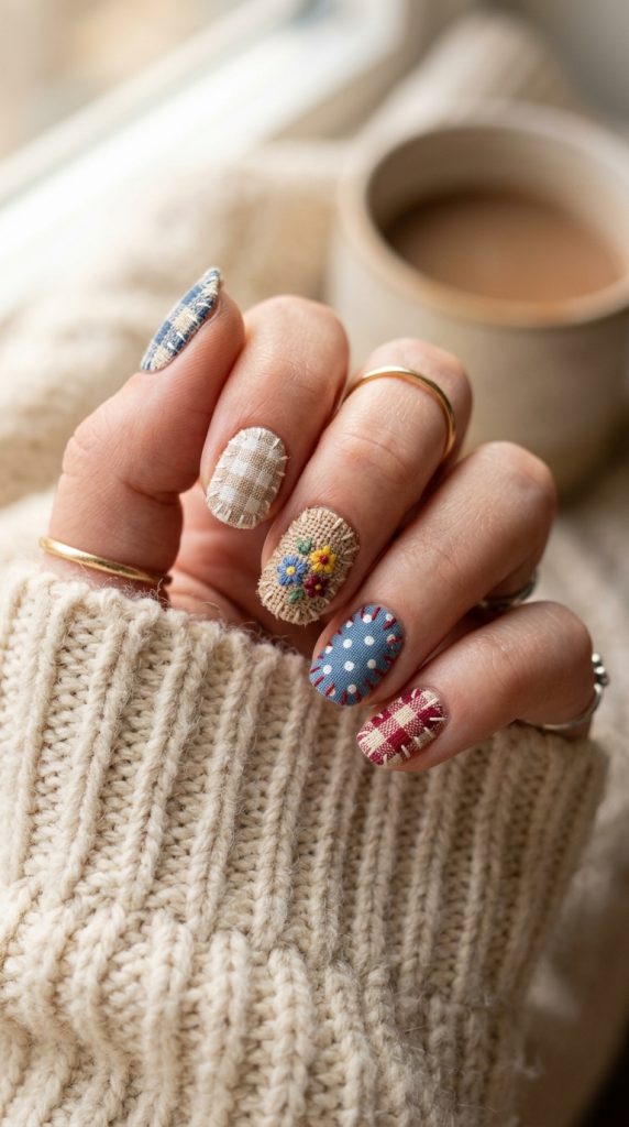 Patchwork burlap nails with plaid and gingham patches