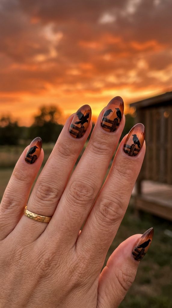 Crow silhouette nails on a sunset sky
