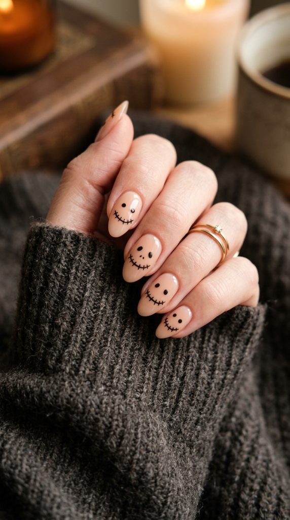 Fine-line stitched sack face on nude nails