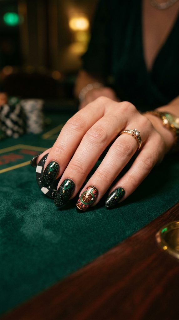 Roulette wheel accent nail with dark glitter