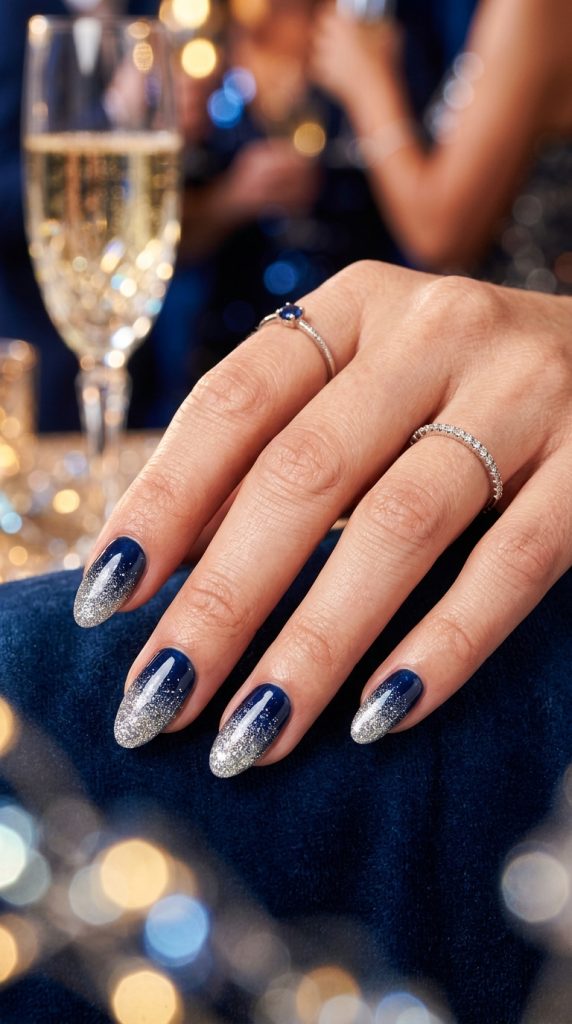 Navy to silver glitter ombre nails
