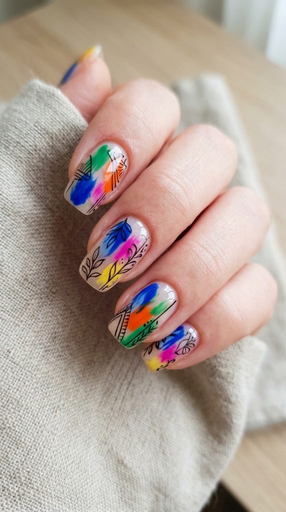 Bright abstract brushstroke nails