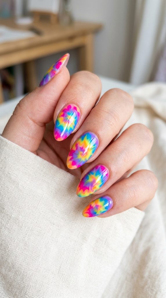 Bright tie-dye nails