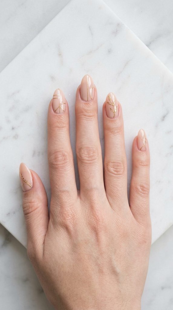 Matte nude nails with thin gold striping detail on square-shaped nails