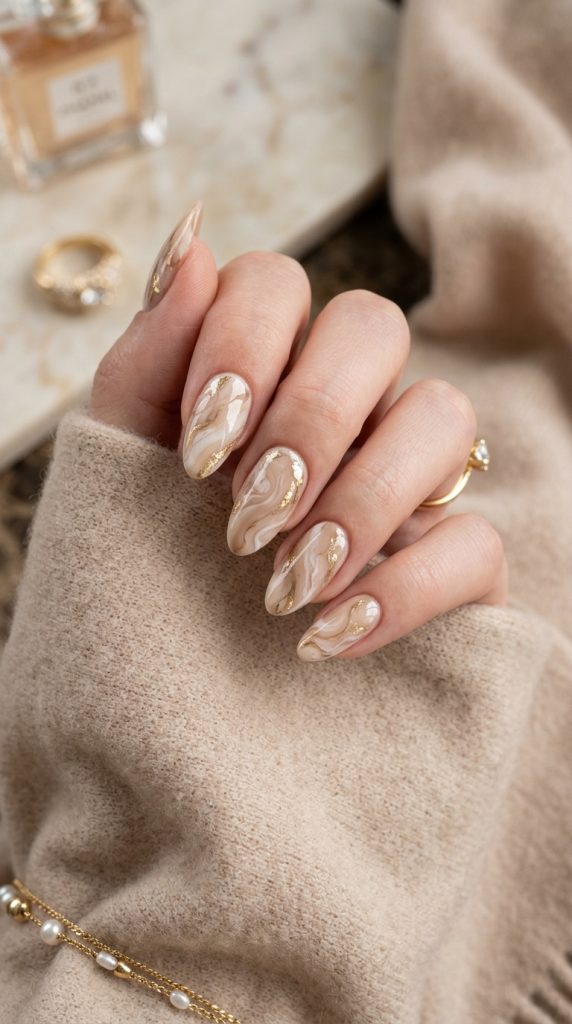 Nude nails with marble effect texture design