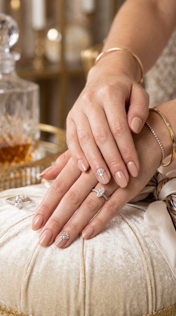 Nude manicure with rhinestone crystal accent nail design