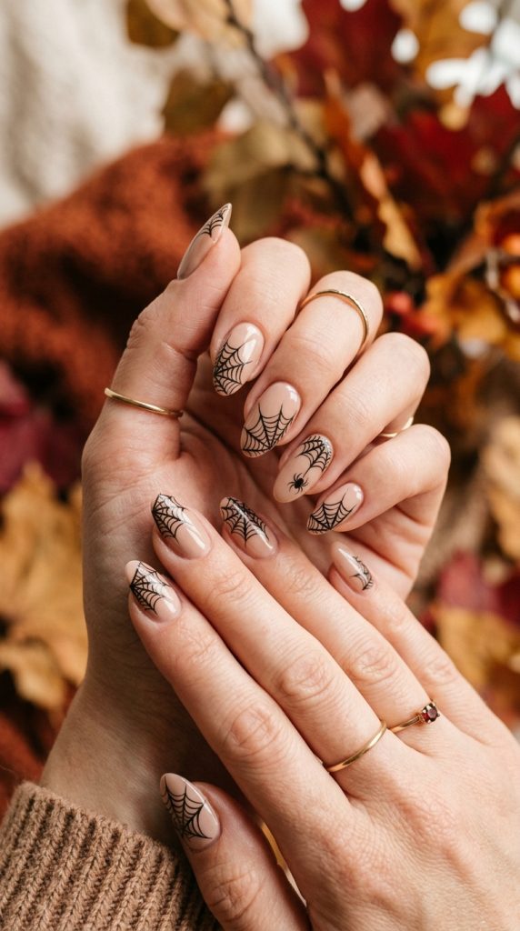 Nude manicure with delicate black spider web pattern