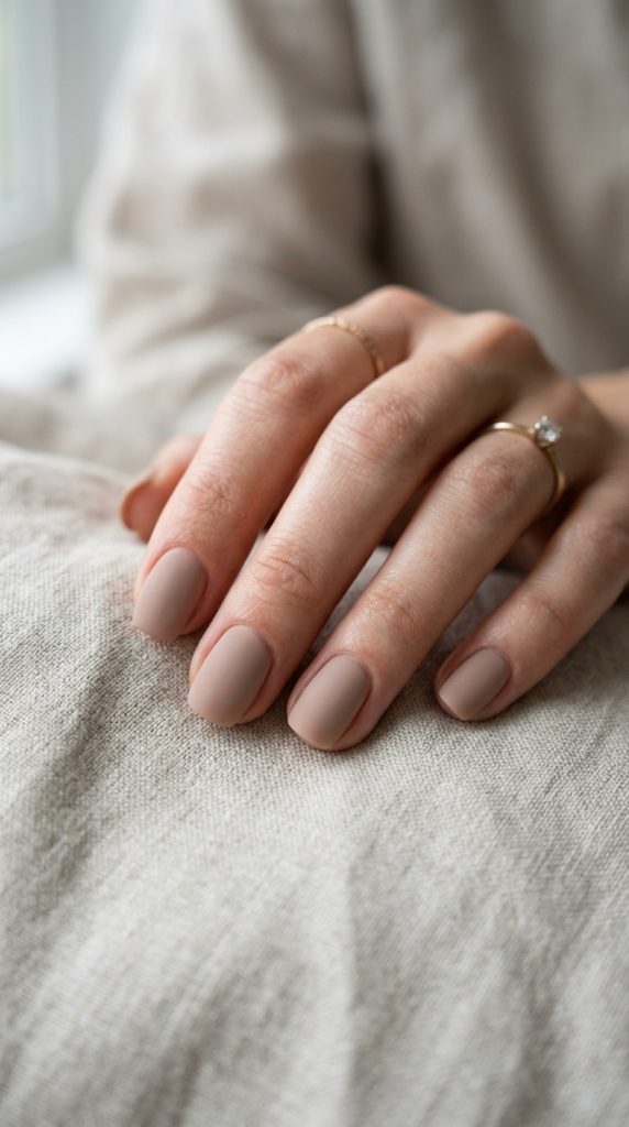 Contemporary matte nude dip nails with understated, sophisticated aesthetic
