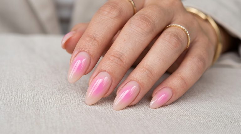 Soft pink aura nails with a glowing gradient on almond nails