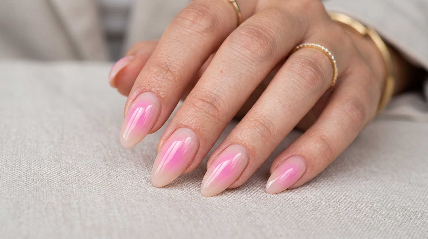Soft pink aura nails with a glowing gradient on almond nails