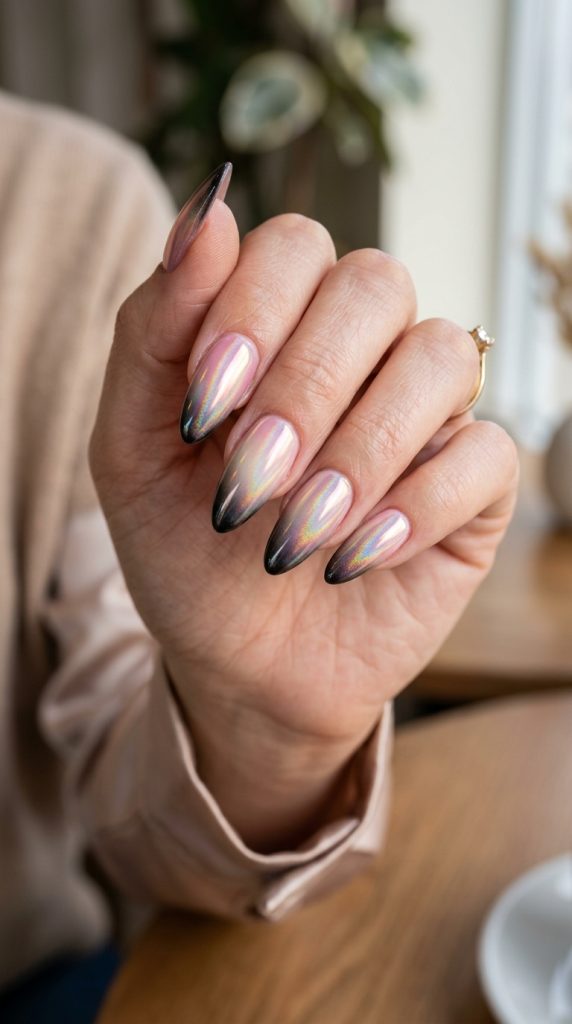 Holographic aura chrome nails shifting in the light