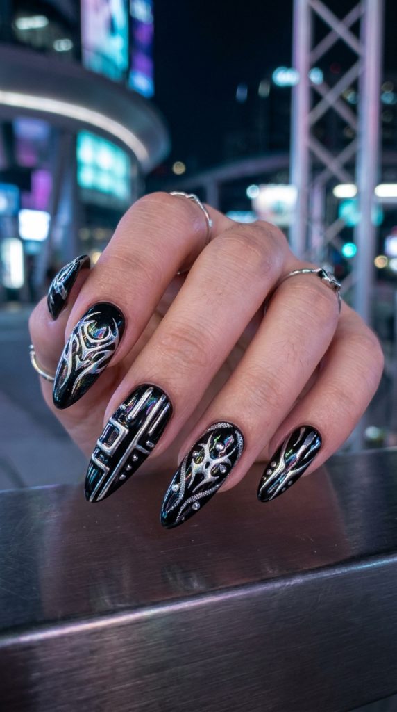 Y2K cyber nails in glossy black with silver chrome
