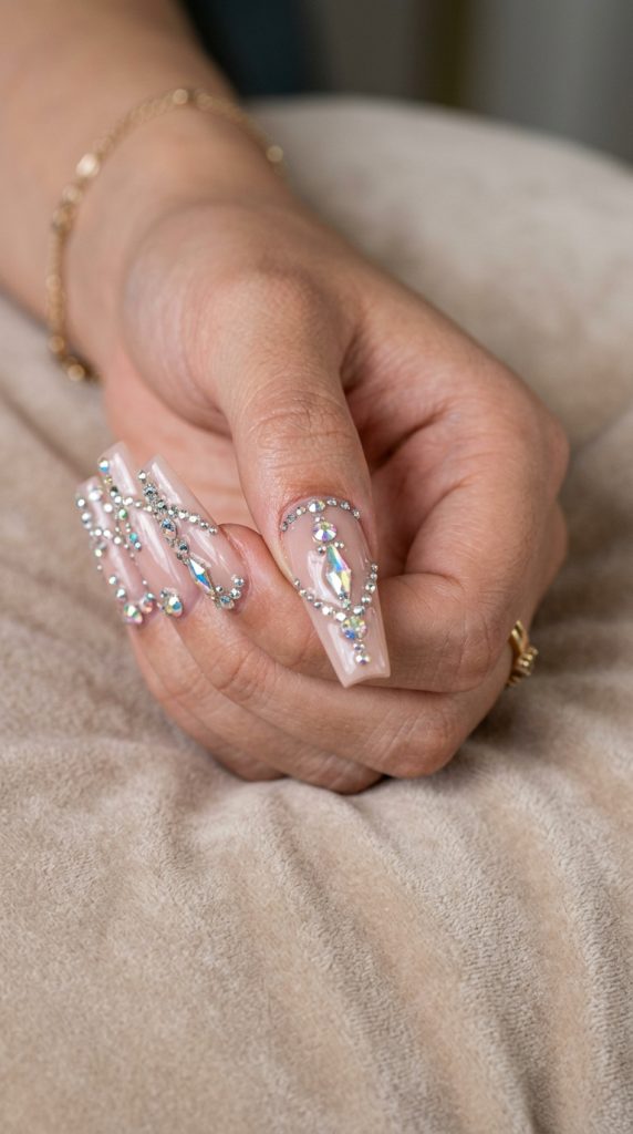 Long baddie Y2K nails loaded with rhinestones