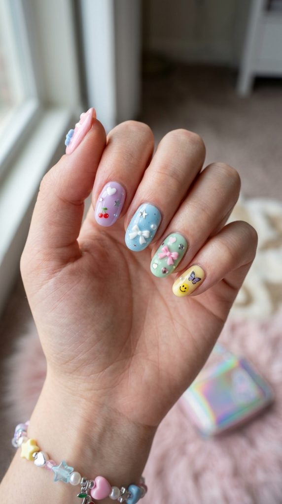 Cute pastel Y2K nails with hearts, stars, and bows