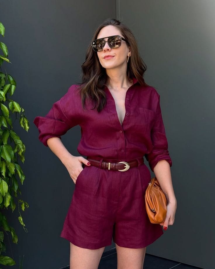 Berry linen shirt and high-waisted shorts set