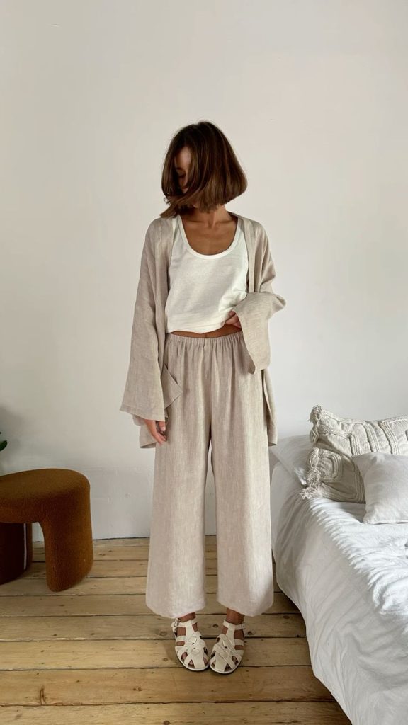 Oatmeal linen lounge set with wide-leg trousers