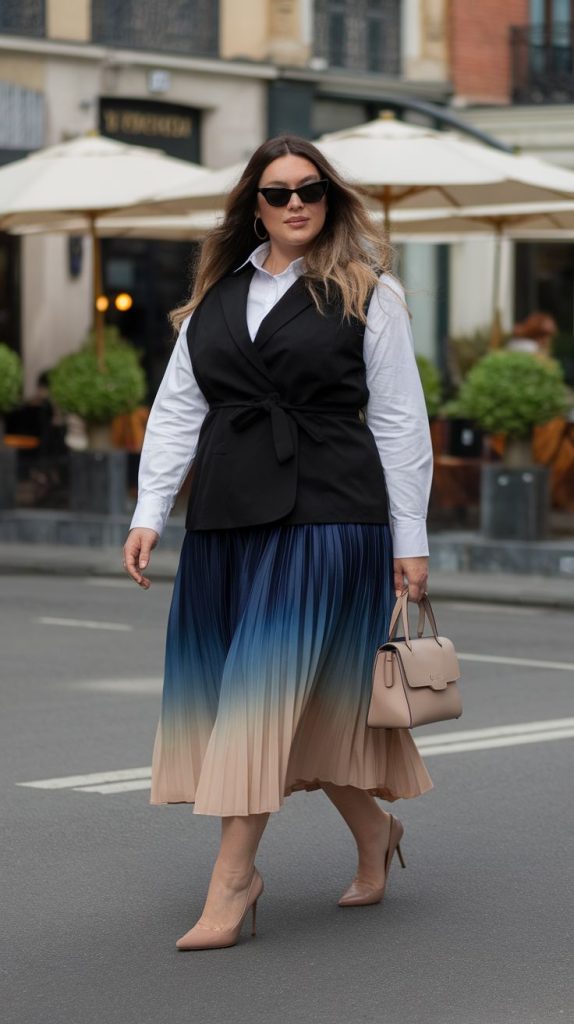 Black belted waistcoat with a navy ombré pleated midi skirt