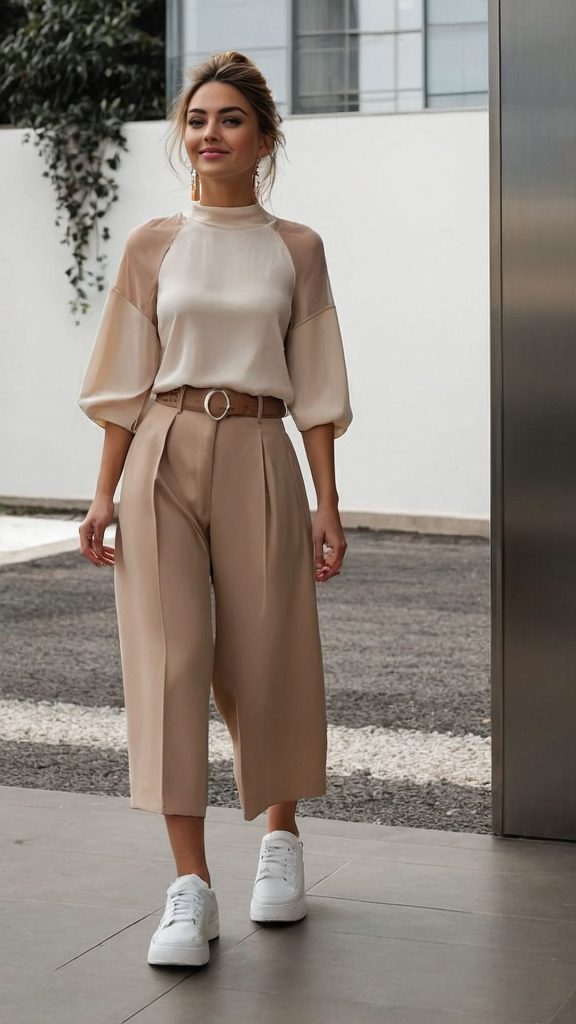 Cream satin balloon-sleeve blouse with beige culottes