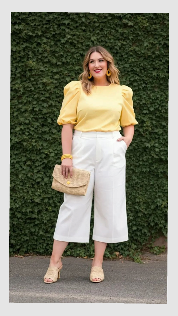 Yellow puff-sleeve top with white high-waisted culottes