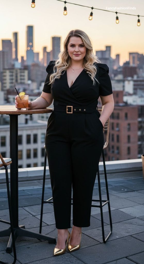 Black puff-sleeve wrap jumpsuit with a gold-buckle belt